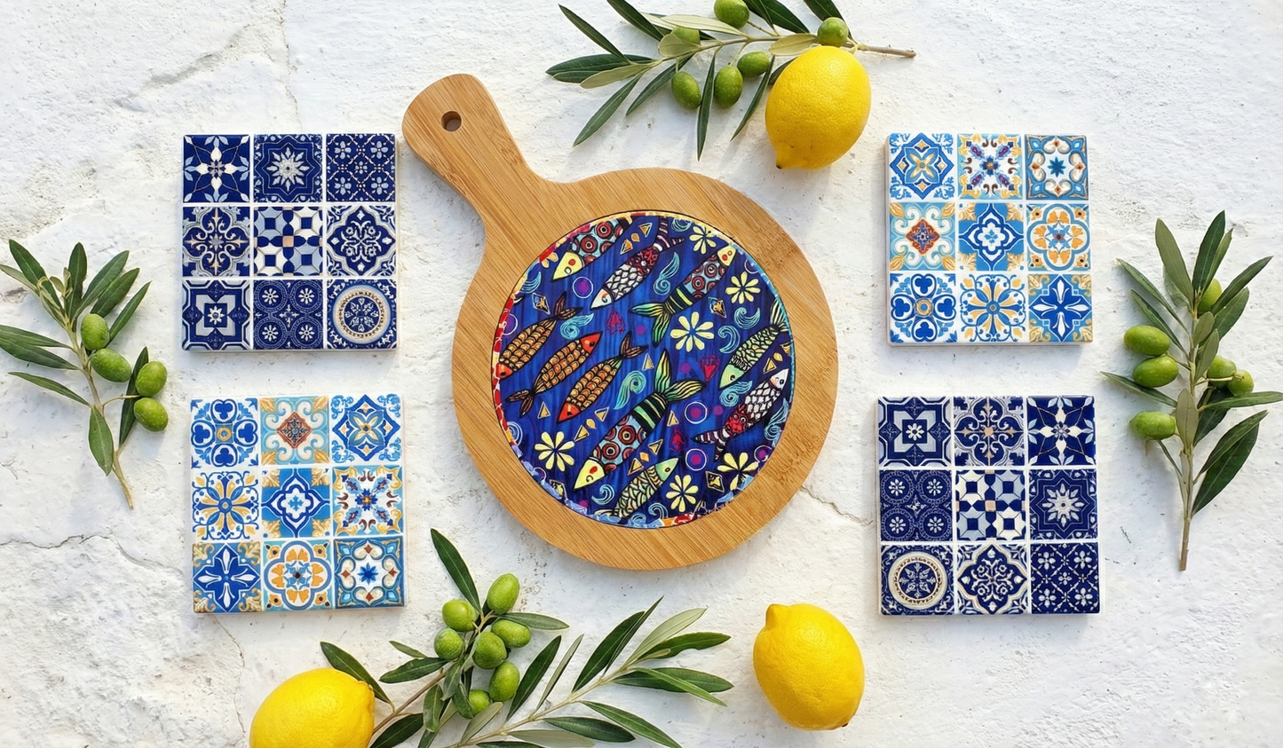 Set Servire "Aegean Breeze": Platou din Bambus și Ceramică & 4 Coastere în Stil Grecesc