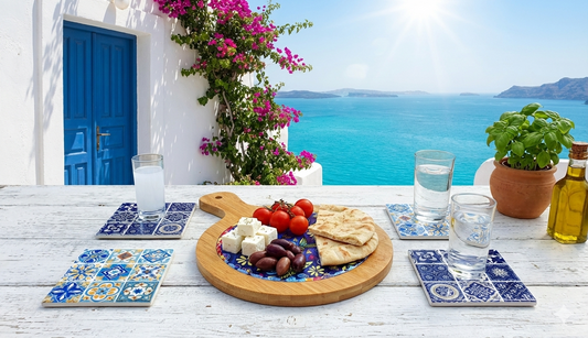 Set Servire "Aegean Breeze": Platou din Bambus și Ceramică & 4 Coastere în Stil Grecesc