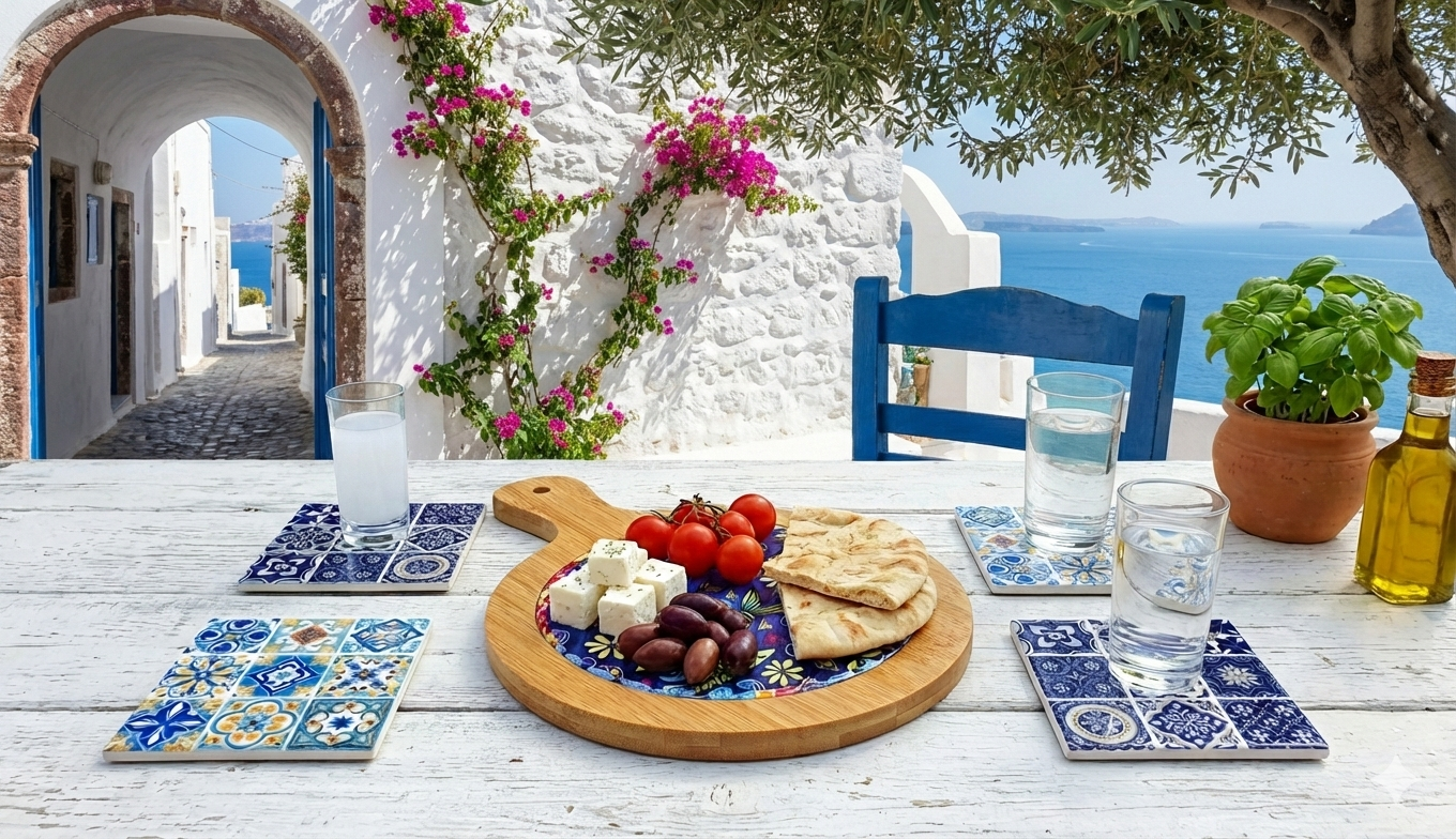 Set Servire "Aegean Breeze": Platou din Bambus și Ceramică & 4 Coastere în Stil Grecesc