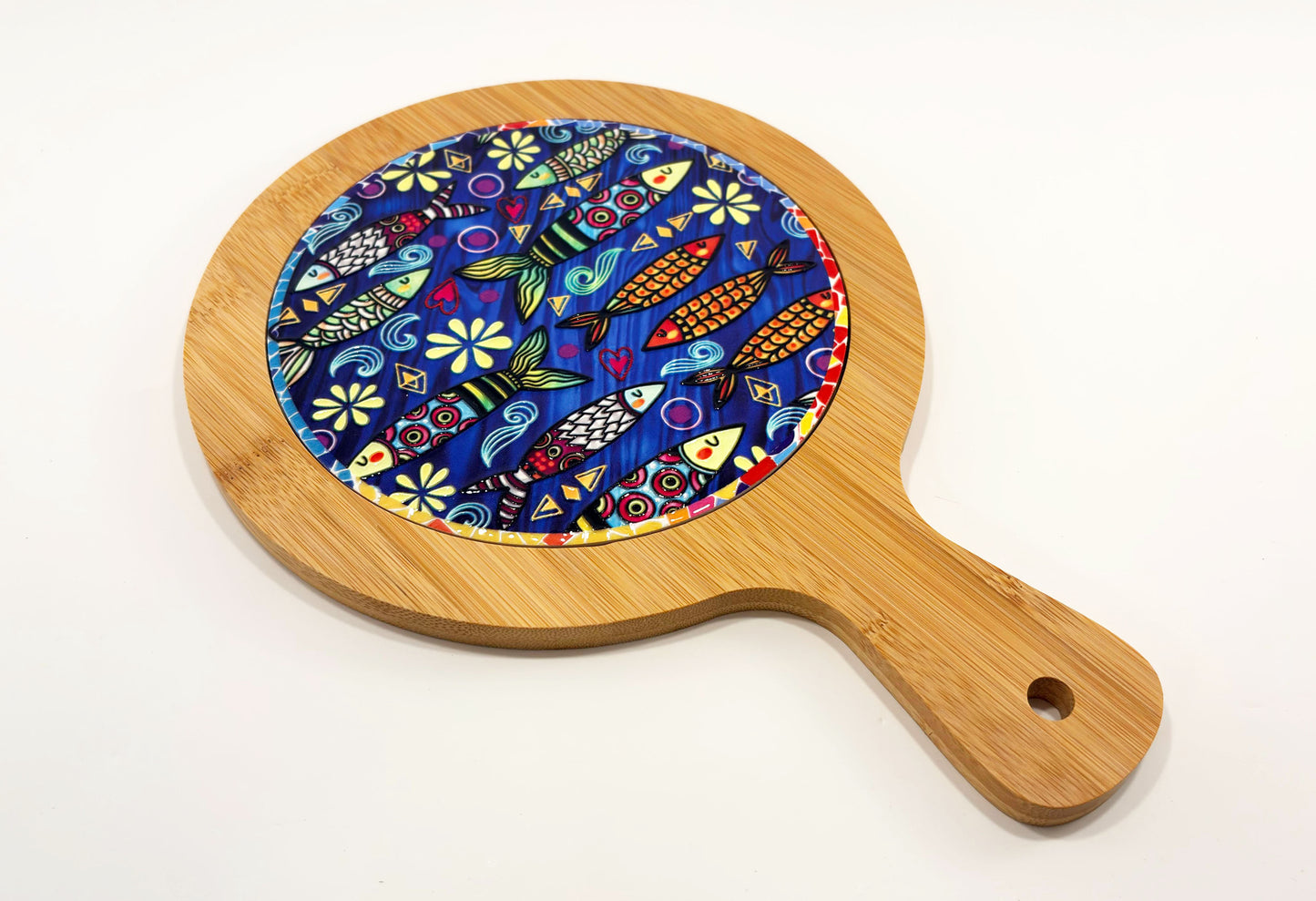 Set Servire "Aegean Breeze": Platou din Bambus și Ceramică & 4 Coastere în Stil Grecesc