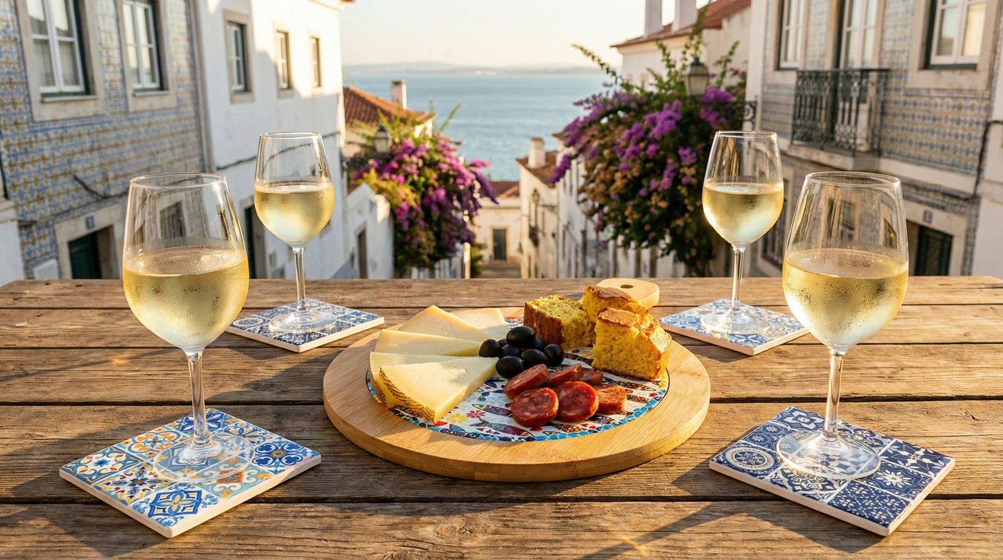 Set Servire "Lisabona" – Platou Bambus cu Inserție Ceramică & 4 Suporturi Azulejo